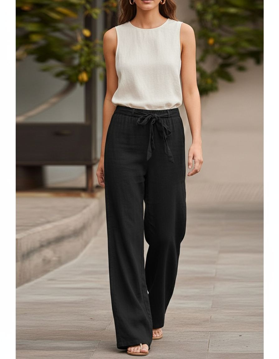 Pantalon En Lin Noir Ample Élastique Femme Droit