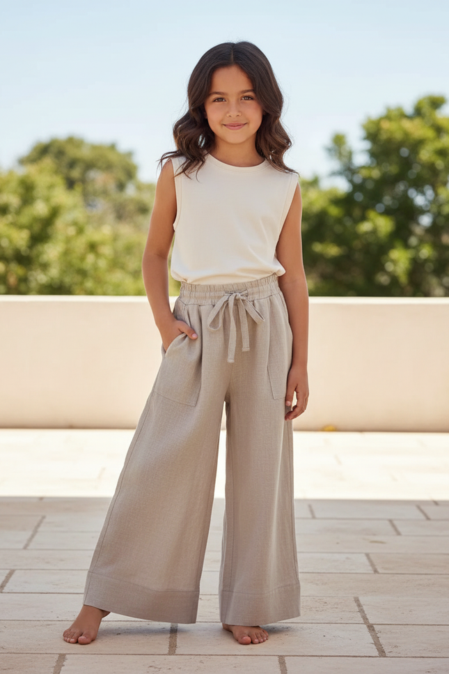 Pantalon En Lin Ample Beige Taille Élastique Fille