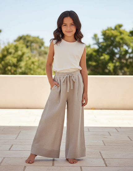 Pantalon En Lin Ample Beige Taille Élastique Fille