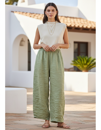 Pantalon En Lin Ample Vert Femme Fluide