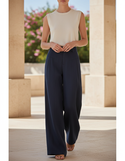 Pantalon En Lin Marine Ample Taille Haute Droit Élégant