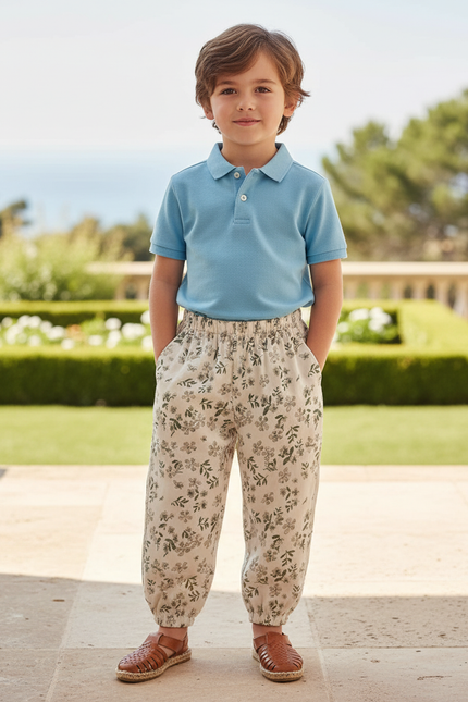 Pantalon En Lin Écru Imprimé Floral Ample Enfant - Beige