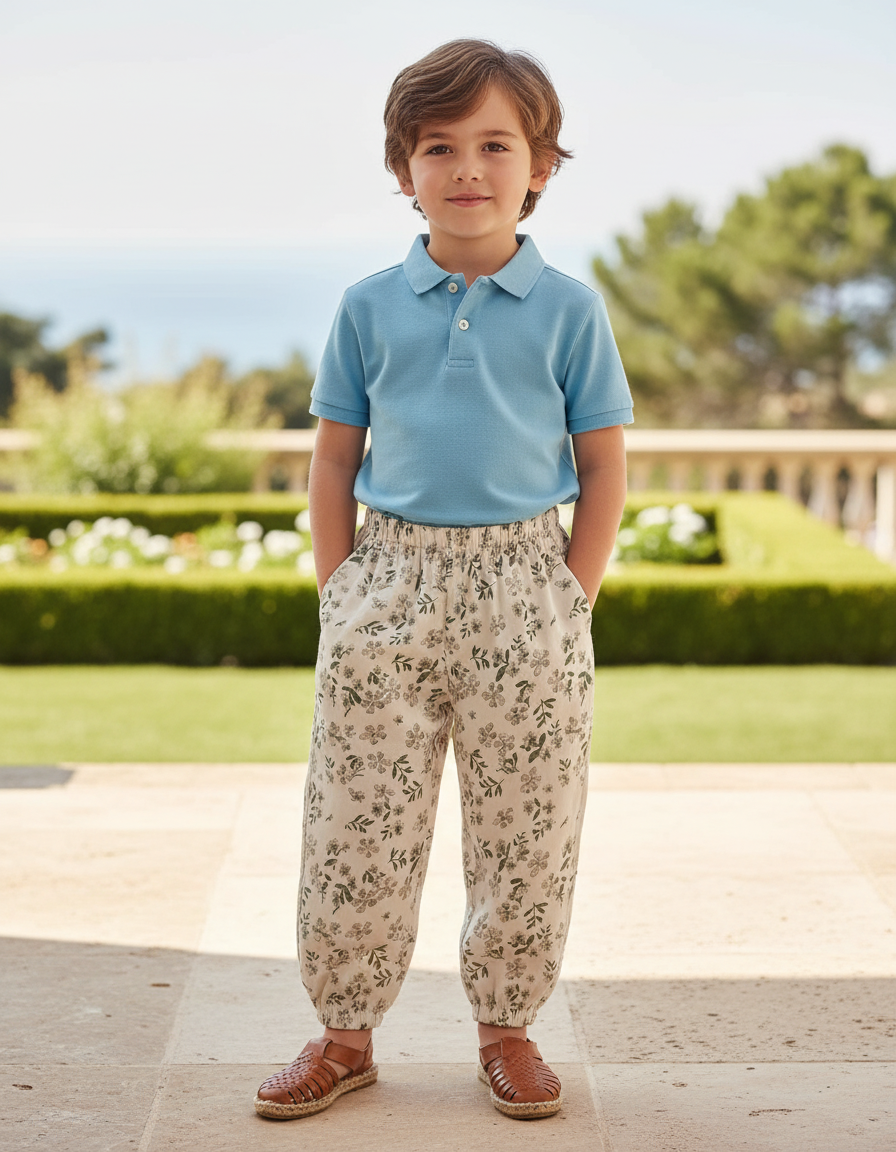 Pantalon En Lin Écru Imprimé Floral Ample Enfant - Beige