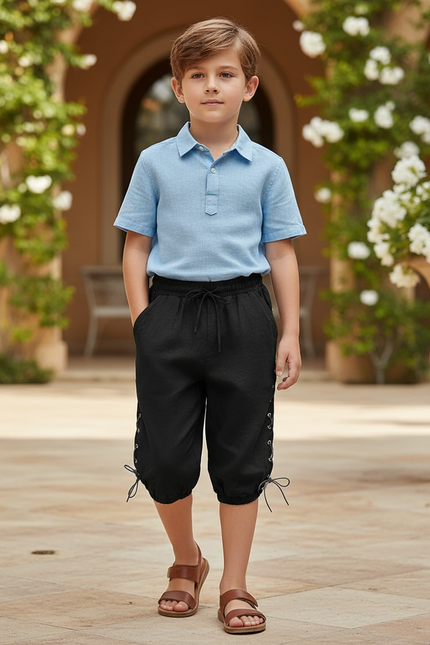 Pantalon En Lin Noir Ample Décontracté Lacets Enfant