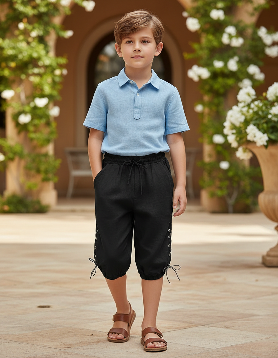 Pantalon En Lin Noir Ample Décontracté Lacets Enfant