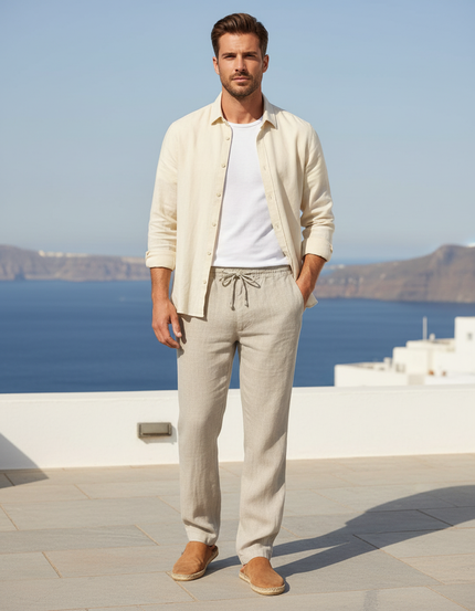 Pantalon En Lin Beige Homme Décontracté Léger Cordon