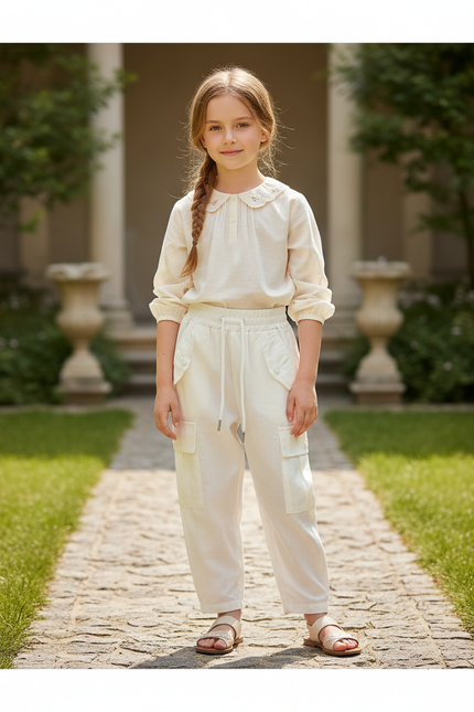 Pantalon En Lin Cargo Écru Fille Décontracté Léger - Beige