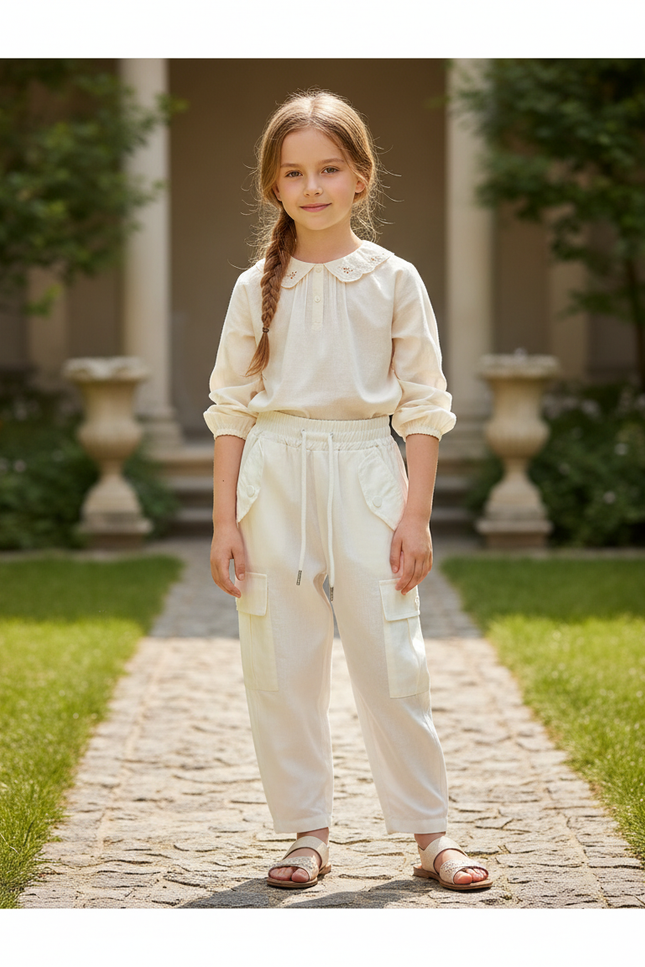 Pantalon En Lin Cargo Écru Fille Décontracté Léger - Beige