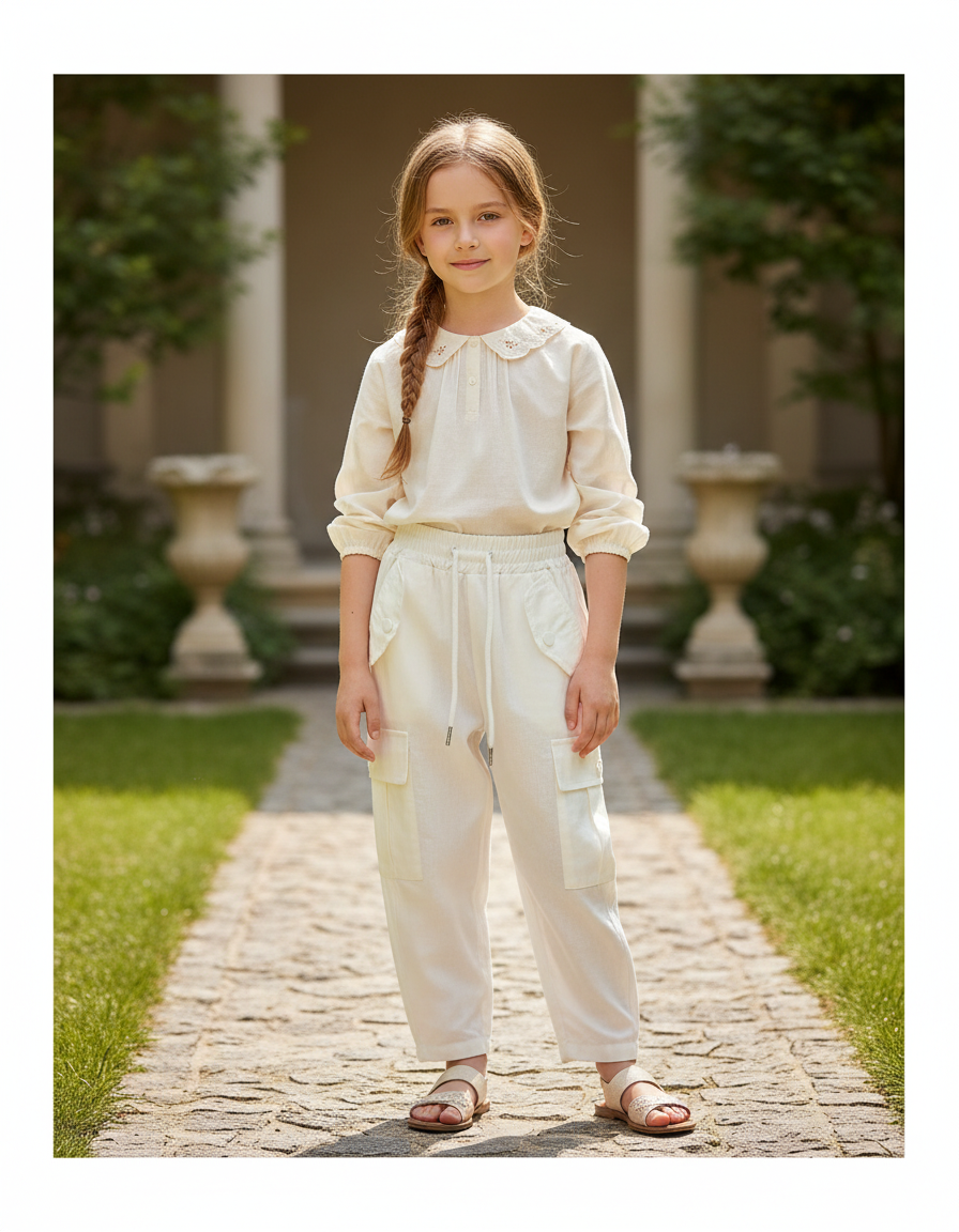 Pantalon En Lin Cargo Écru Fille Décontracté Léger - Beige