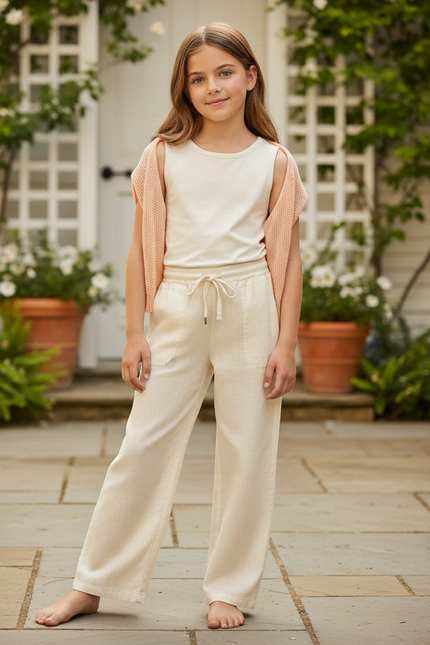 Pantalon En Lin Beige Ample Droit Confortable
