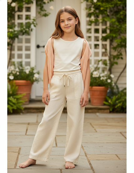 Pantalon En Lin Beige Ample Droit Confortable