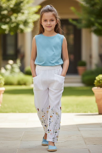 Pantalon En Lin Blanc Ample Floral Enfant Poches