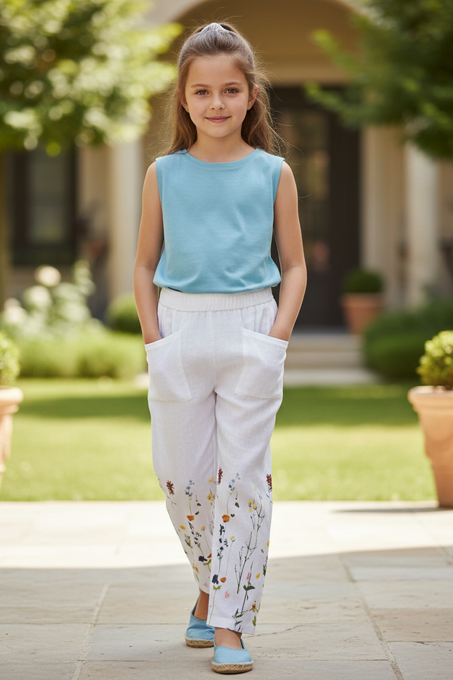Pantalon En Lin Blanc Ample Floral Enfant Poches