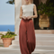 Pantalon En Lin Ample Fluide Marron Confortable Femme