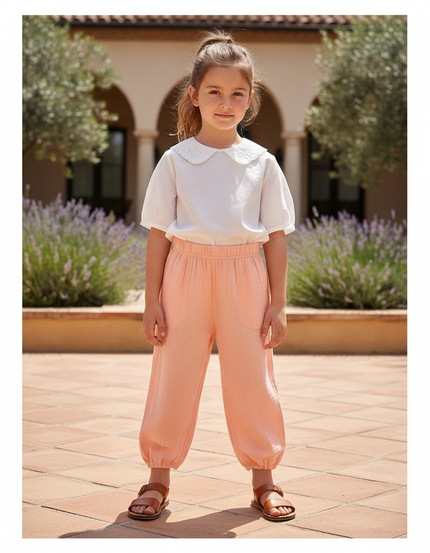 Pantalon En Lin Pêche Ample Élastique Enfant - Orange