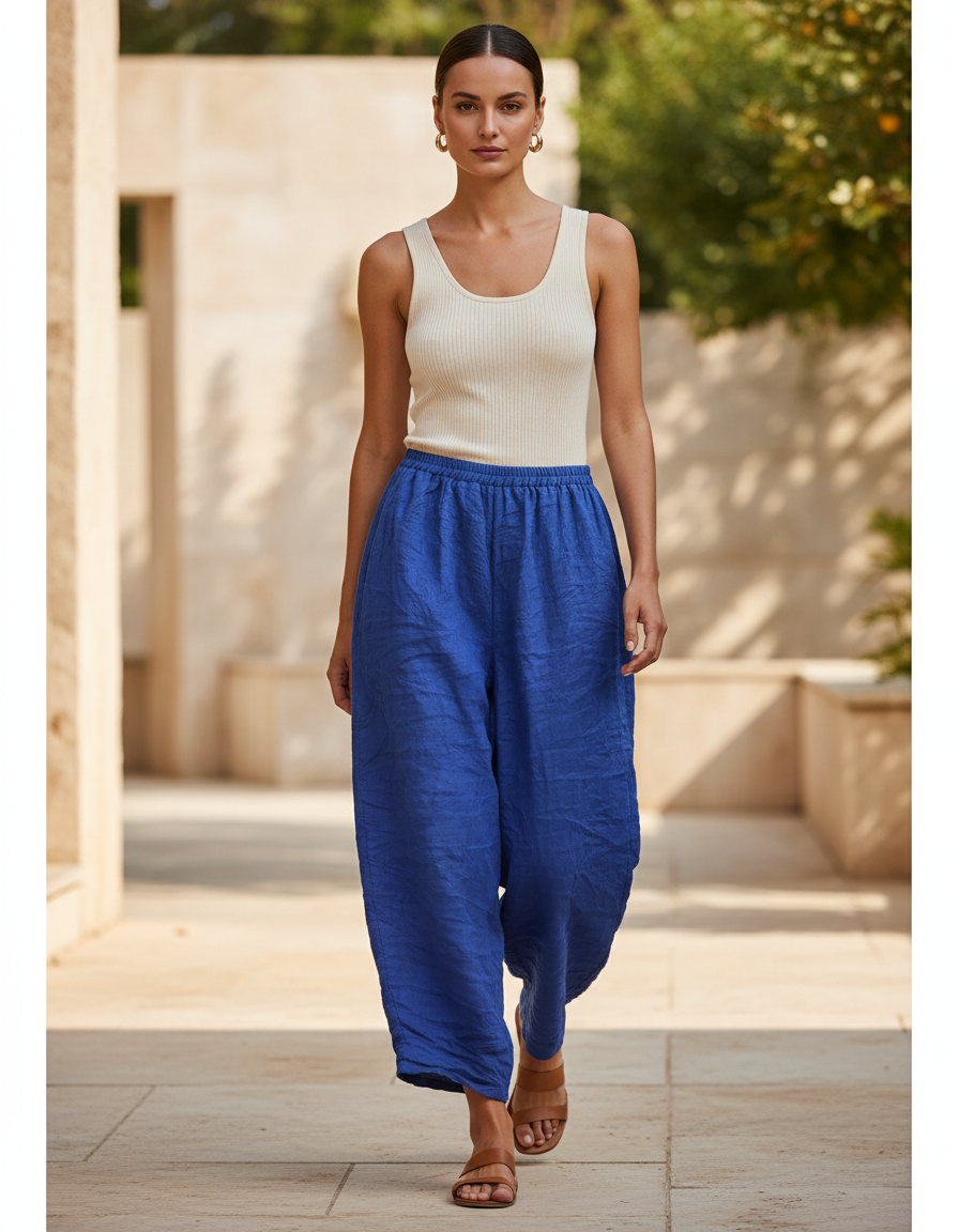 Pantalon En Lin Ample Bleu Taille Élastique Femme