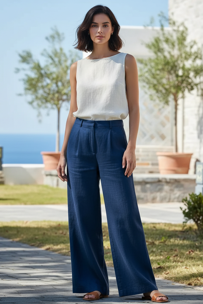 Pantalon En Lin Bleu Ample Décontracté Fluide - Marine