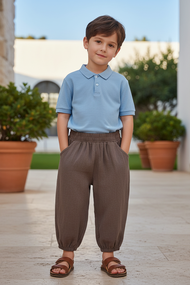Pantalon En Lin Marron Ample Garçon Décontracté Élastique