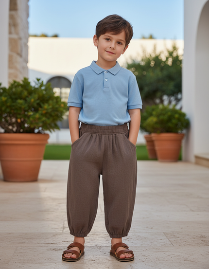 Pantalon En Lin Marron Ample Garçon Décontracté Élastique