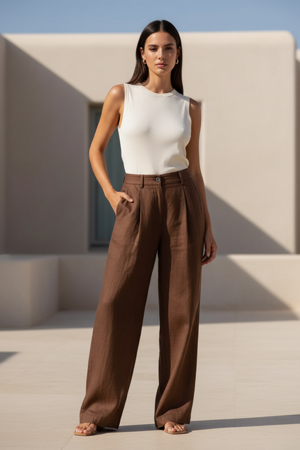 Pantalon En Lin Marron Ample Plissé Taille Haute