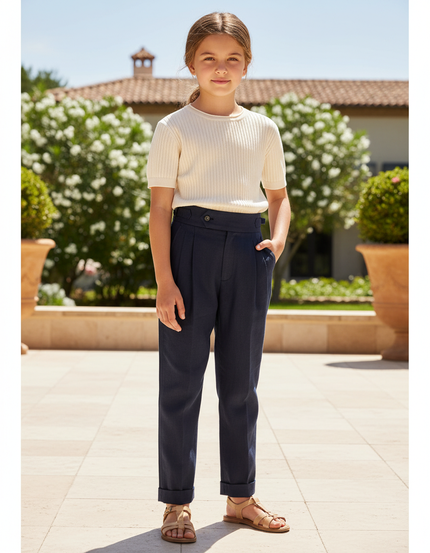 Pantalon En Lin Bleu Marine Plissé Taille Haute Enfant