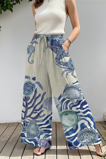 Pantalon En Lin Ample Imprimé Marin Bleu Décontracté