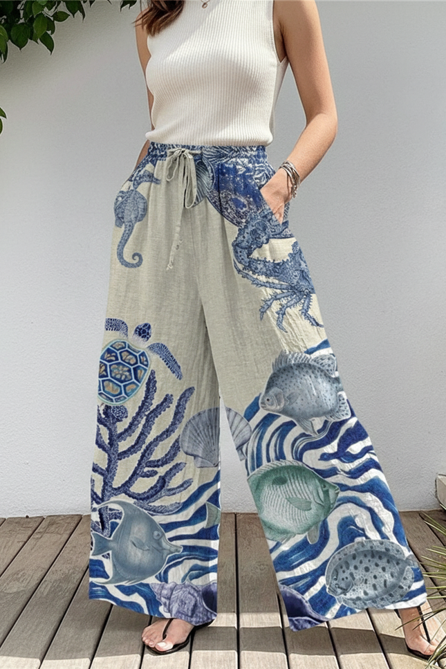 Pantalon En Lin Ample Imprimé Marin Bleu Décontracté