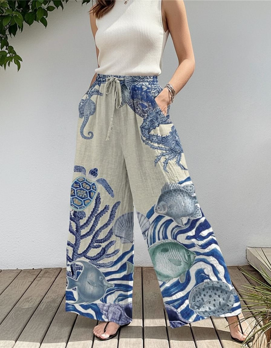 Pantalon En Lin Ample Imprimé Marin Bleu Décontracté