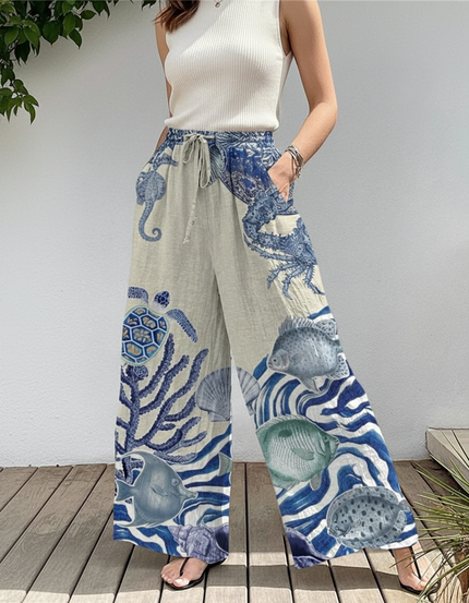 Pantalon En Lin Ample Imprimé Marin Bleu Décontracté