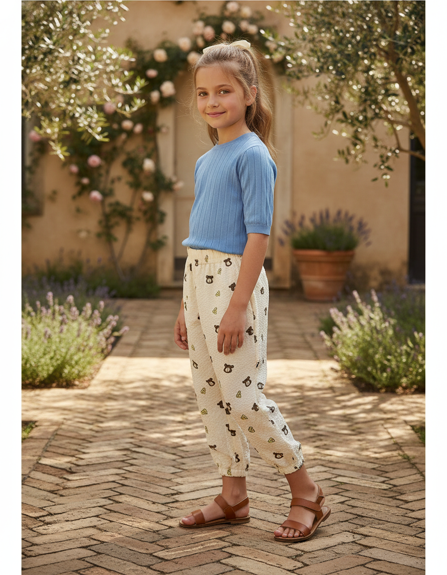 Pantalon En Lin Écru Imprimé Oursons Ample Fille - Beige