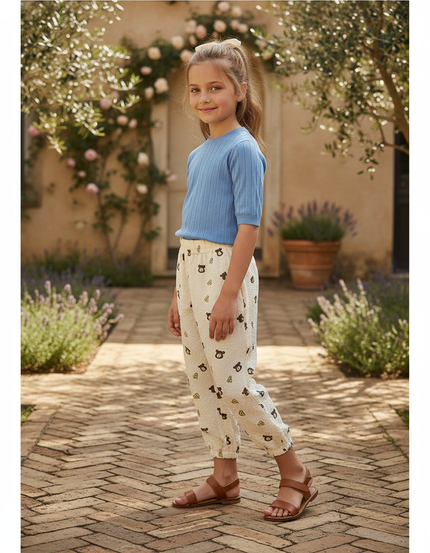 Pantalon En Lin Écru Imprimé Oursons Ample Fille - Beige
