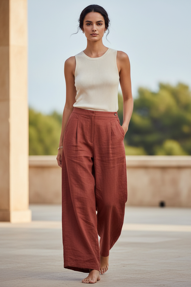 Pantalon En Lin Terre Cuite Ample Plissé Décontracté Femme - Rouge