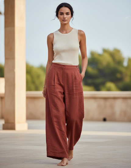 Pantalon En Lin Terre Cuite Ample Plissé Décontracté Femme - Rouge