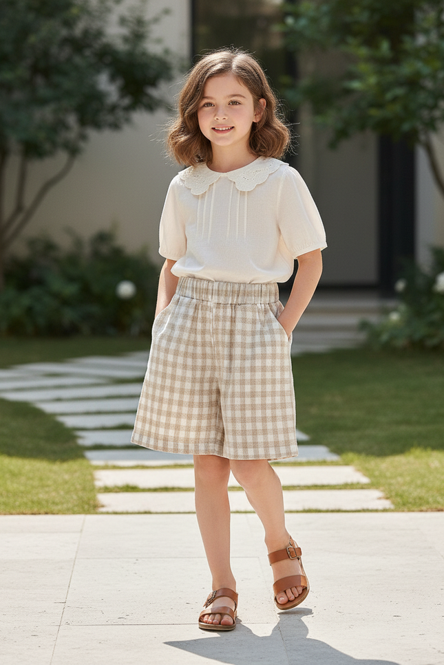 Pantalon En Lin Carreaux Beige Ample Confortable Enfant