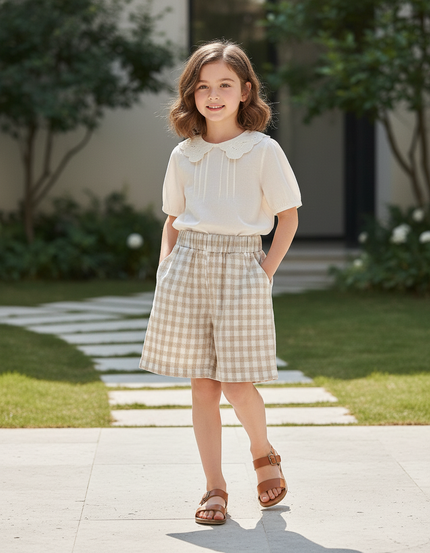 Pantalon En Lin Carreaux Beige Ample Confortable Enfant