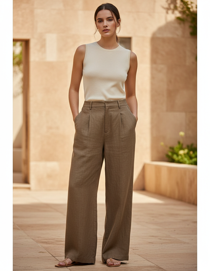 Pantalon En Lin Kaki Ample Plissé Fluide Élégant