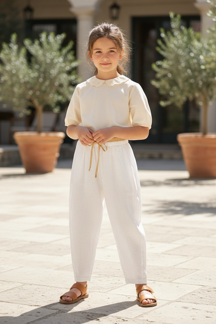 Pantalon En Lin Fille Écru Coupe Ample Casual - Blanc