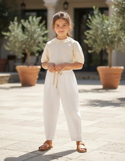 Pantalon En Lin Fille Écru Coupe Ample Casual - Blanc