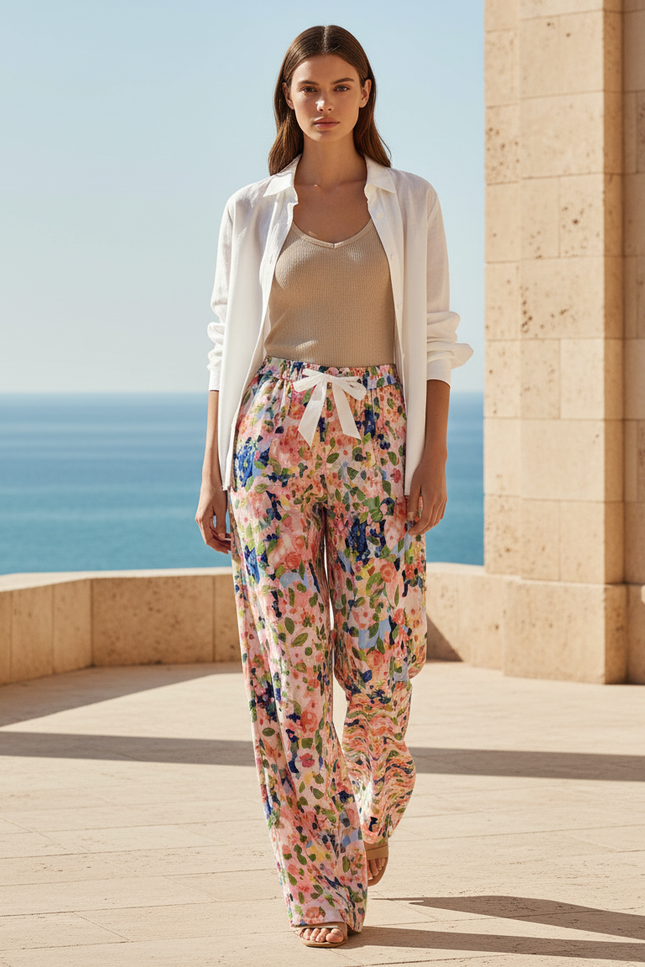 Pantalon En Lin Imprimé Floral Fluide Estival - Multicolore