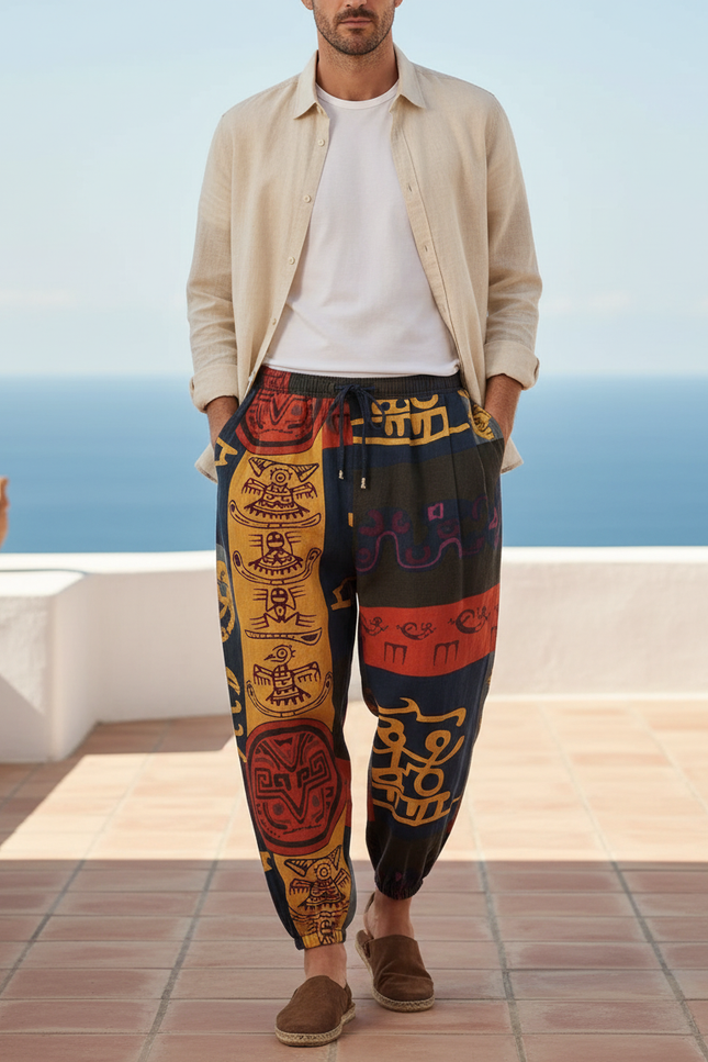 Pantalon En Lin Ethnique Imprimé Ample Décontracté Homme - Multicolore
