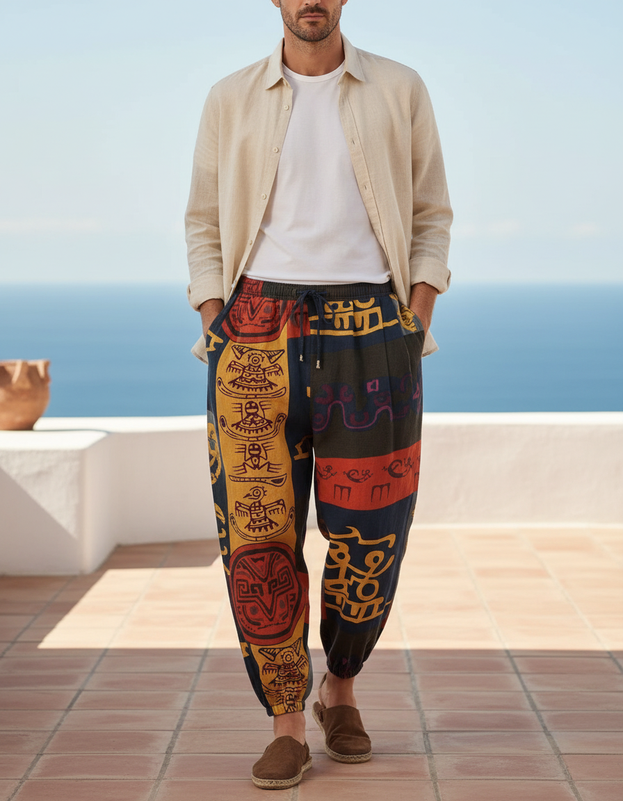 Pantalon En Lin Ethnique Imprimé Ample Décontracté Homme - Multicolore