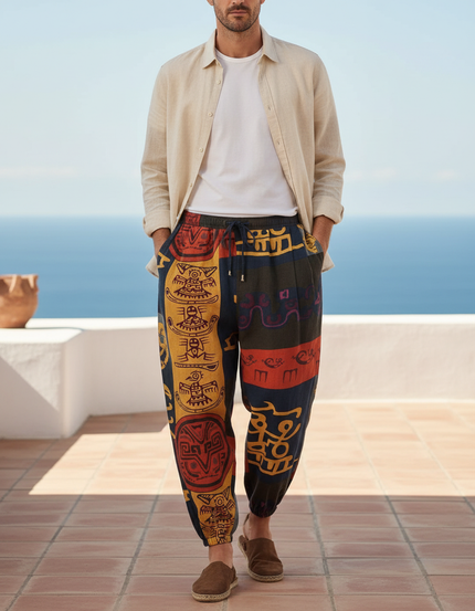 Pantalon En Lin Ethnique Imprimé Ample Décontracté Homme - Multicolore