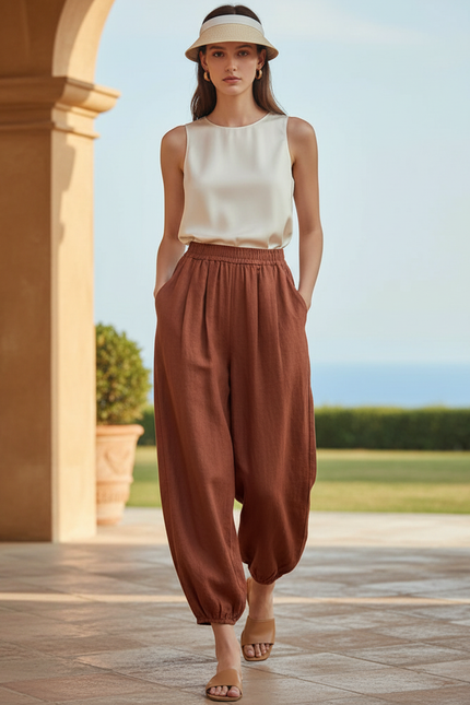 Pantalon En Lin Ample Marron Fluide Décontracté
