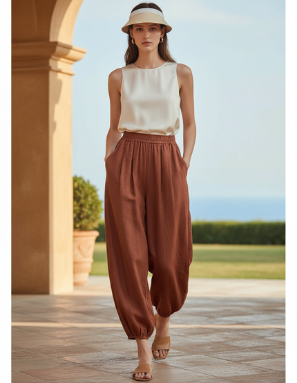 Pantalon En Lin Ample Marron Fluide Décontracté