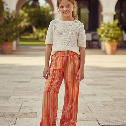 Pantalon En Lin Rayé Multicolore Ample Fille Fluide