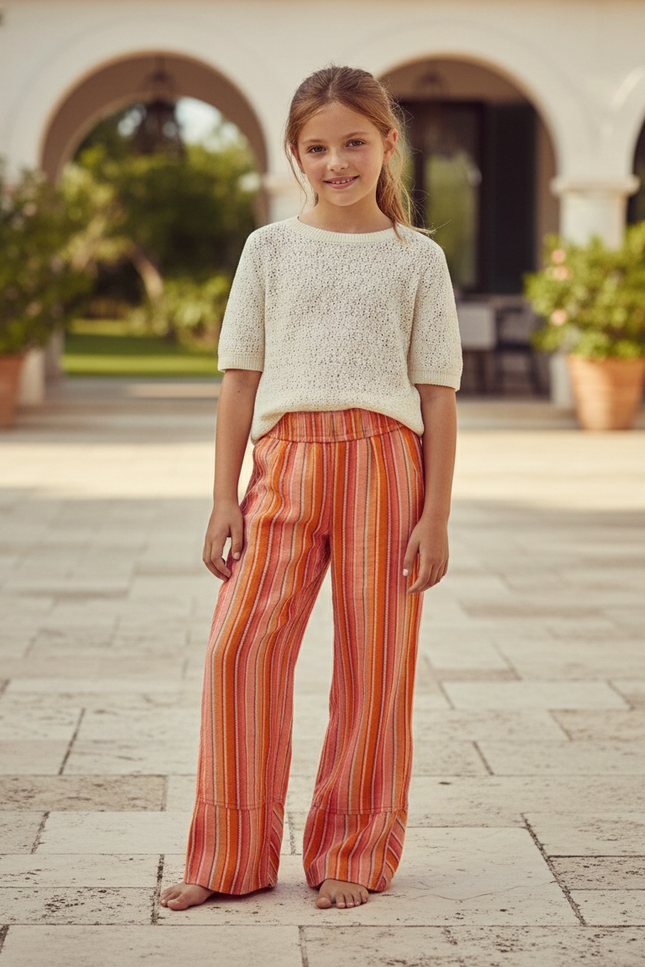 Pantalon En Lin Rayé Multicolore Ample Fille Fluide