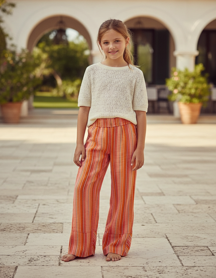 Pantalon En Lin Rayé Multicolore Ample Fille Fluide