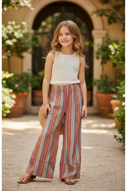 Pantalon En Lin Rayé Ample Fluide Multicolore Enfant