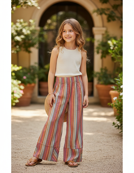 Pantalon En Lin Rayé Ample Fluide Multicolore Enfant