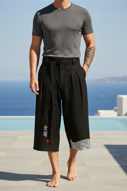 Pantalon En Lin Noir Ample Japonais Décontracté Homme